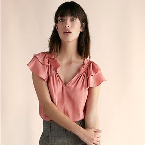 Express Petite Smocked Satin Ruffle Blouse